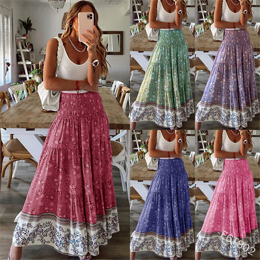 Bohemian Printed High Waist Pleated Maxi Skirt