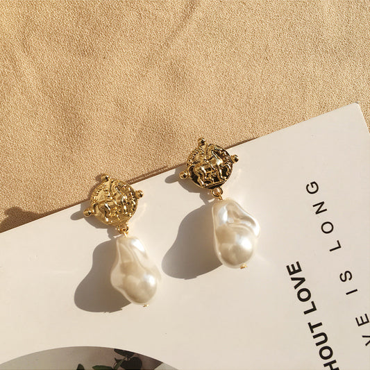 Gold Coin Pearl Dangle Earrings