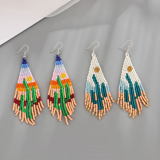 Desert Cactus Beaded Tassel Drop Earrings