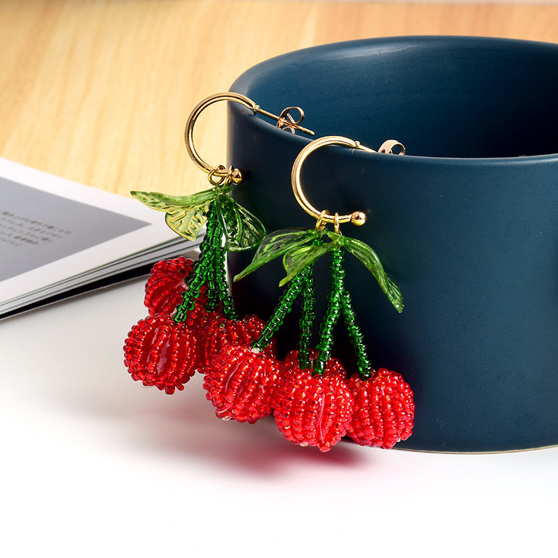 Cherry Beaded Tassel Dangle Earrings