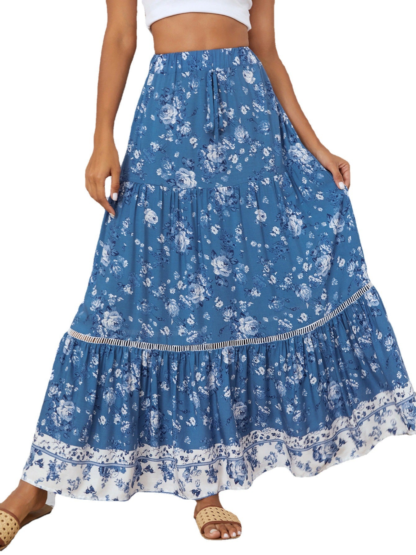 Bohemian Floral Ruffle Pleated Maxi Skirt