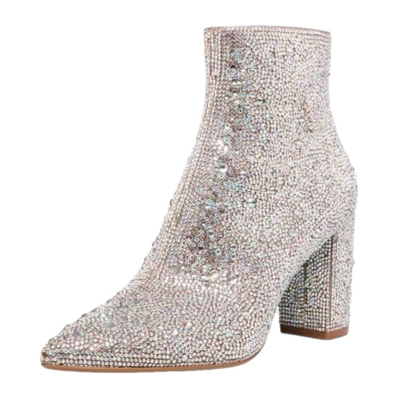 Pointed Toe Rhinestone Block Heel Boot