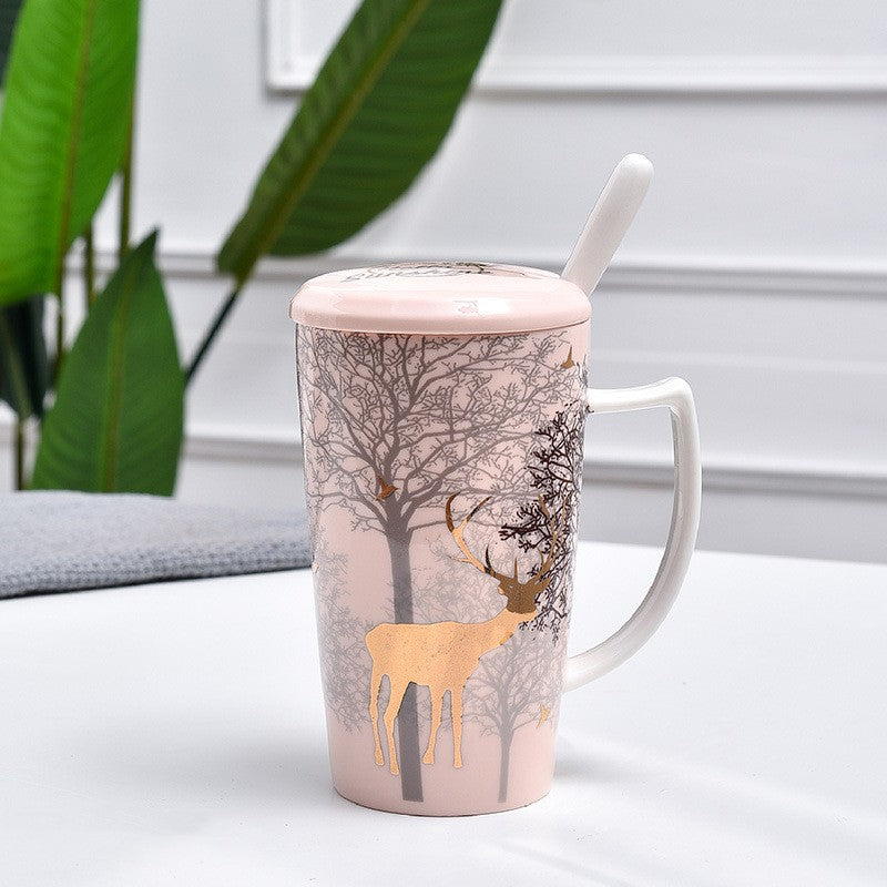 Nordic Ceramic Golden Deer Coffee Cup with Lid and Spoon