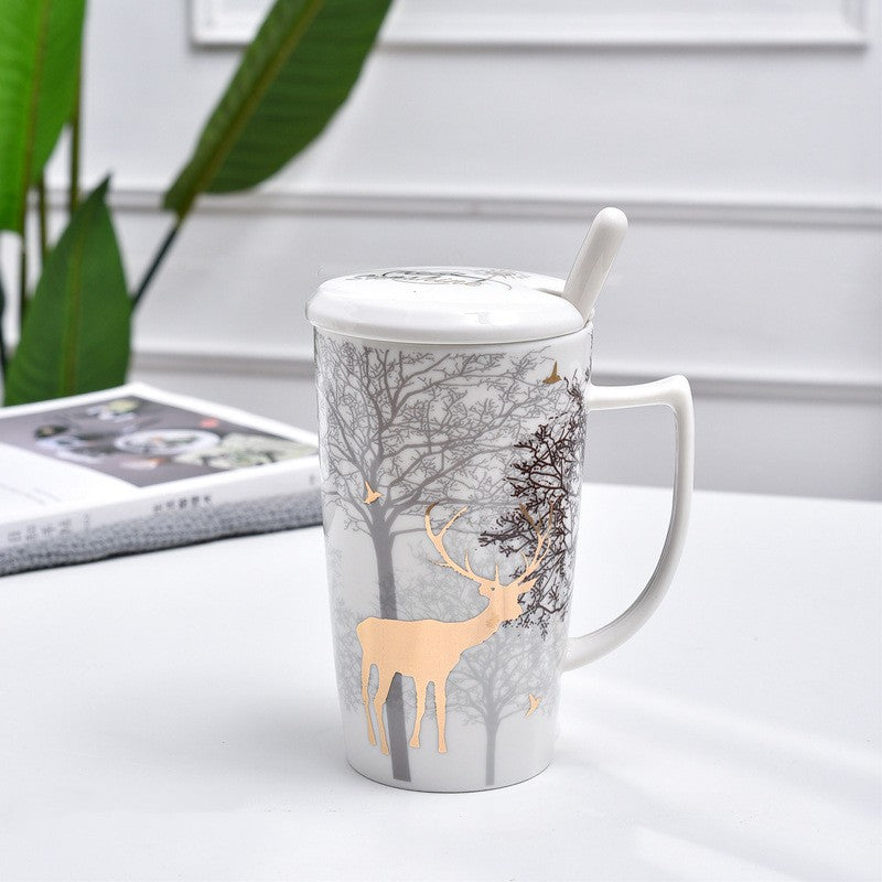 Nordic Ceramic Golden Deer Coffee Cup with Lid and Spoon