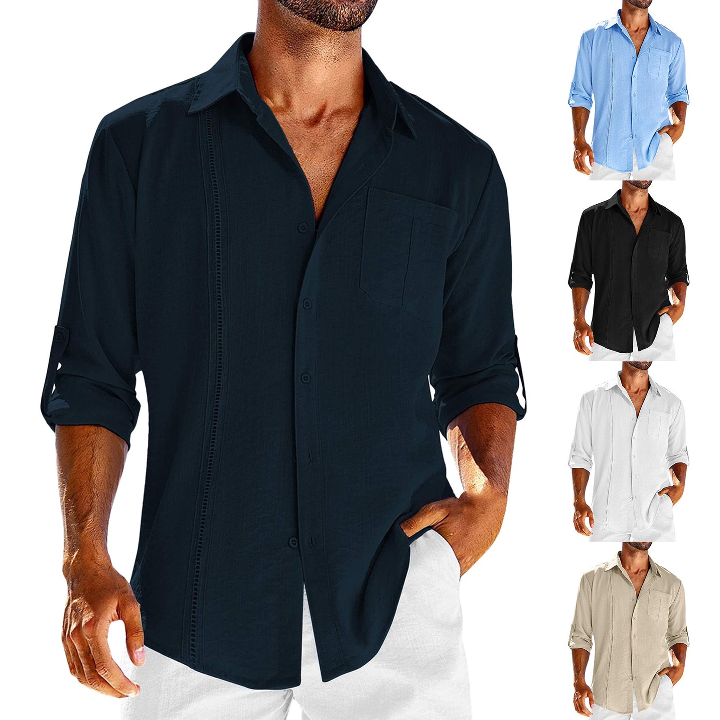 Men's Casual Linen Long Sleeve Button Down Shirt