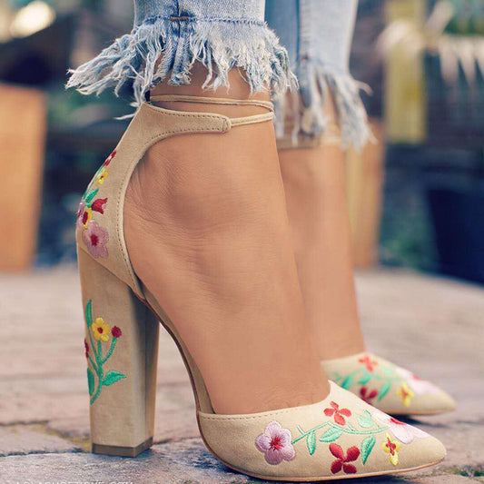 Embroidered Floral Suede Closed Toe Block Heel