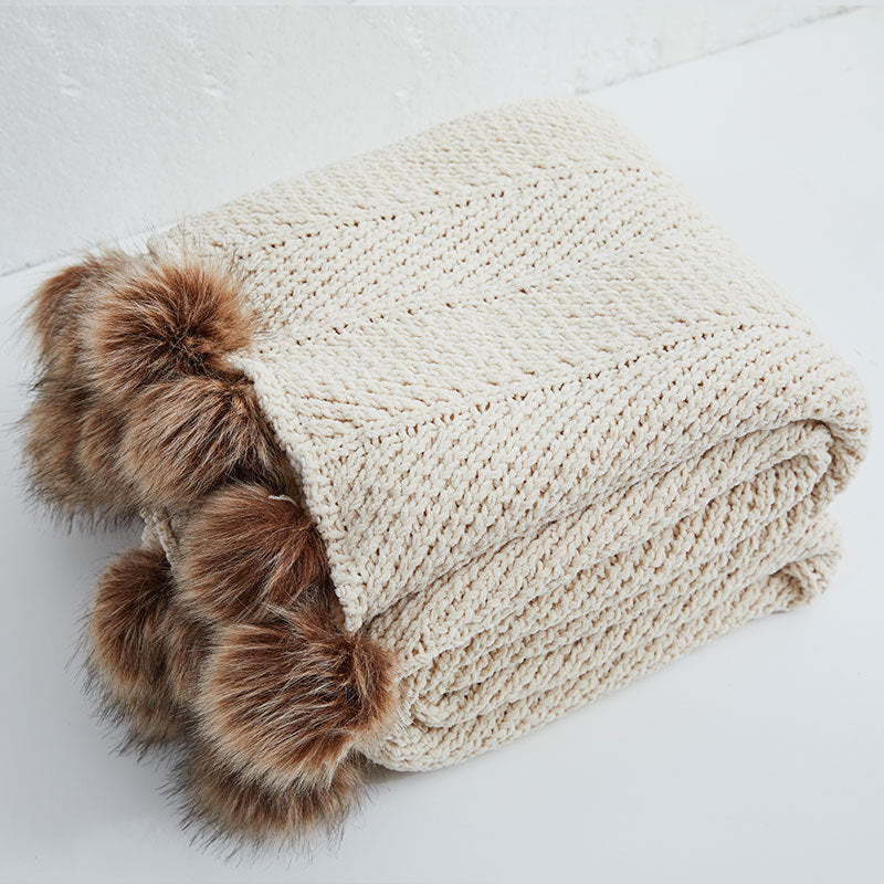 Fur PopPom Knit Blanket