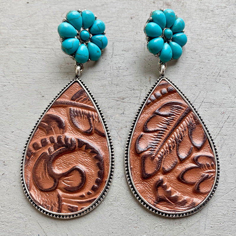 Turquoise Stone and Embossed Leather Teardrop Earrings