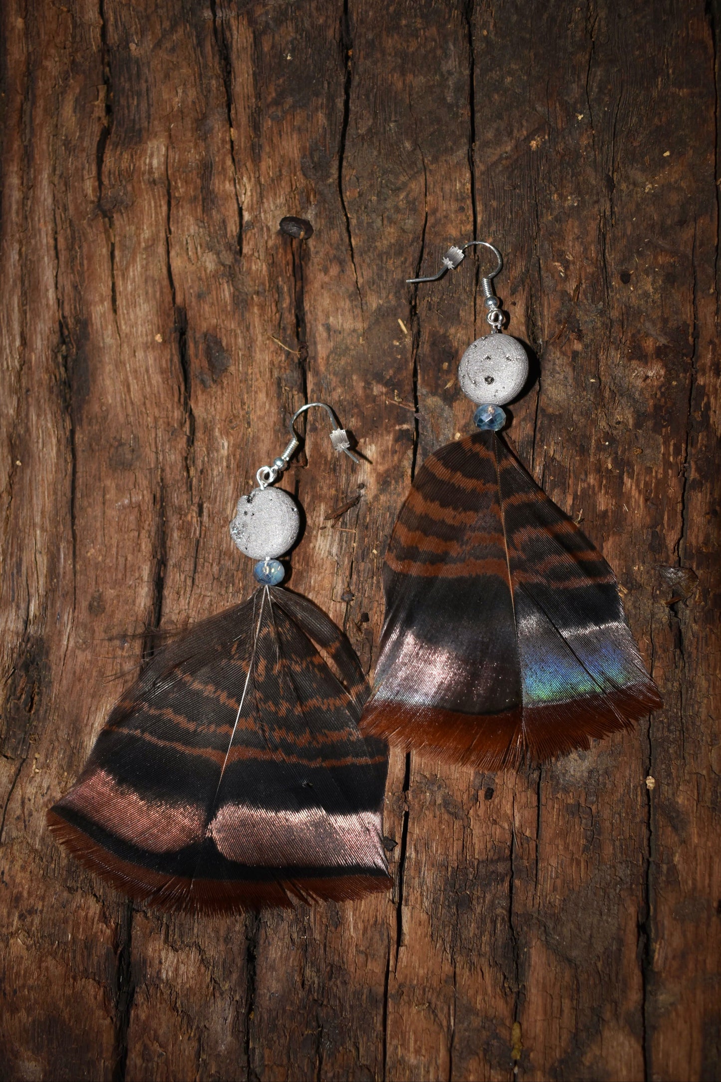 Silver & Blue Bead Turkey Feather Earrings