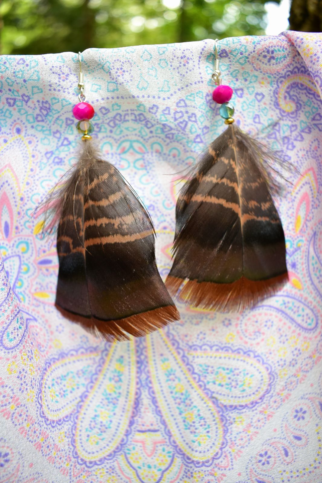 Turquoise & Fuschia Bead Turkey Feather Earrings