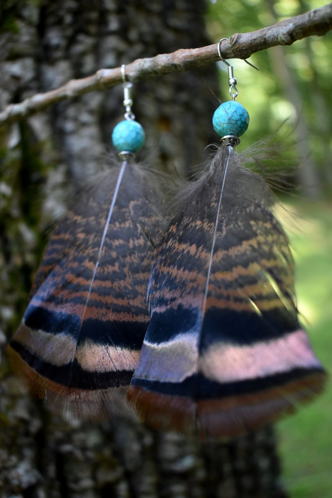 Turquoise & Silver Bead Turkey Feather Earrings