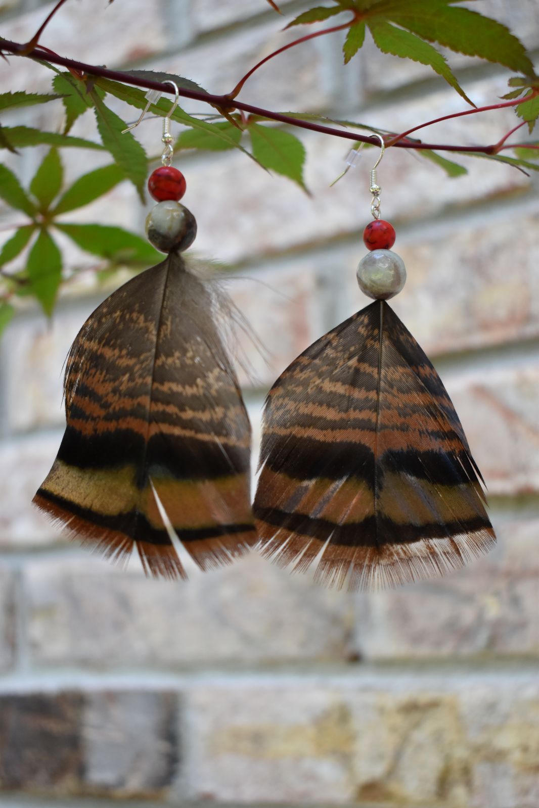 Red & Gray Stone Bead Turkey Feather Earrings