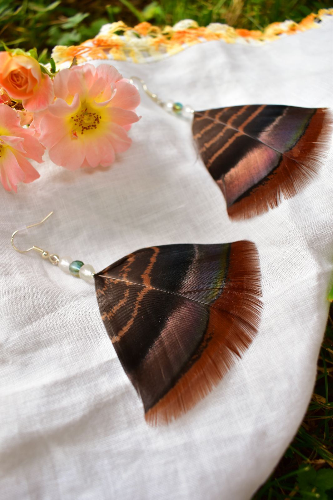 Clear & Turquoise Bead Turkey Feather Earrings