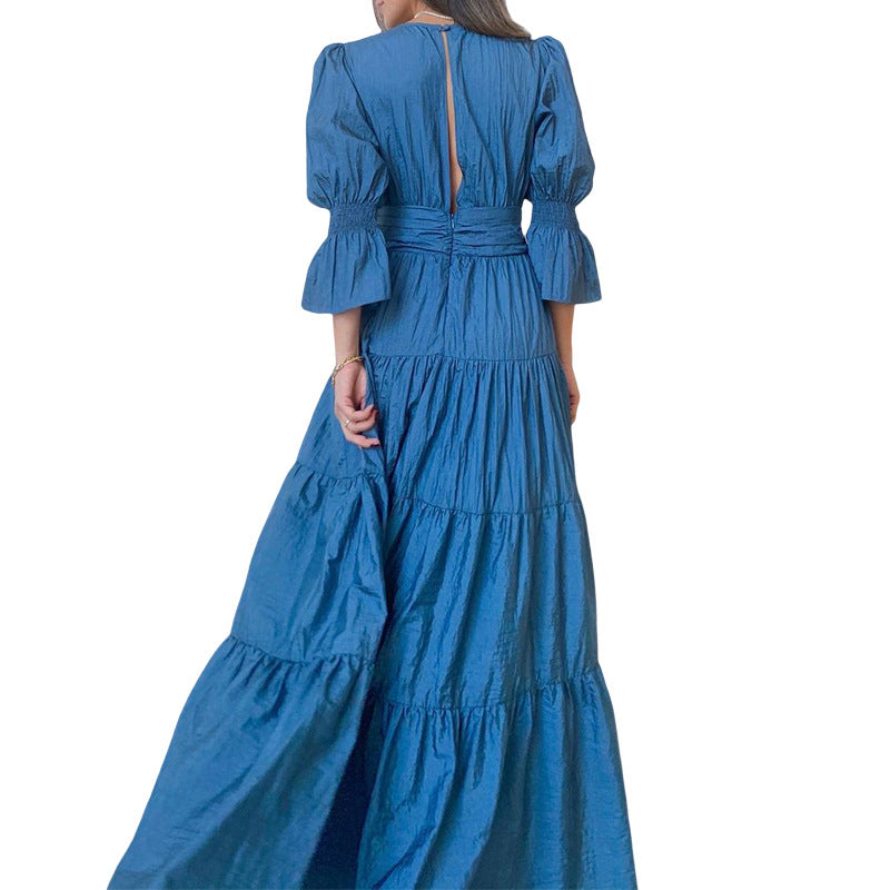 Ruched Ruffle Layer Maxi 3/4 Sleeve Dress