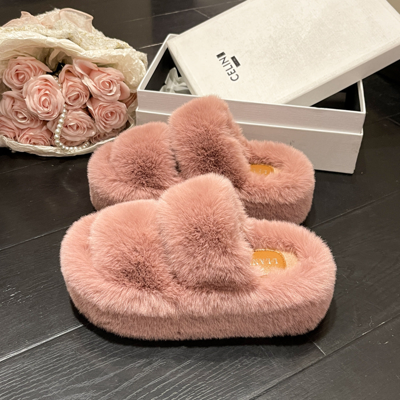 Platform Fuzzy Strappy Slippers