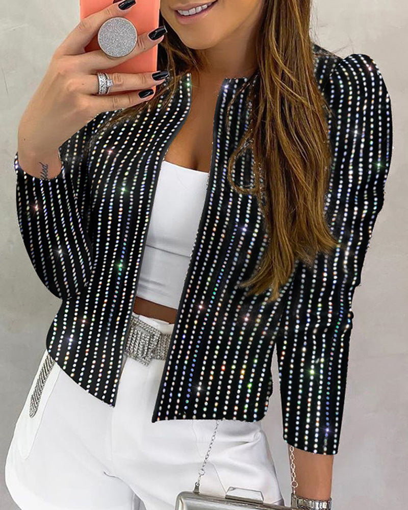 Rhinestone Puffed Sleeve Jacket