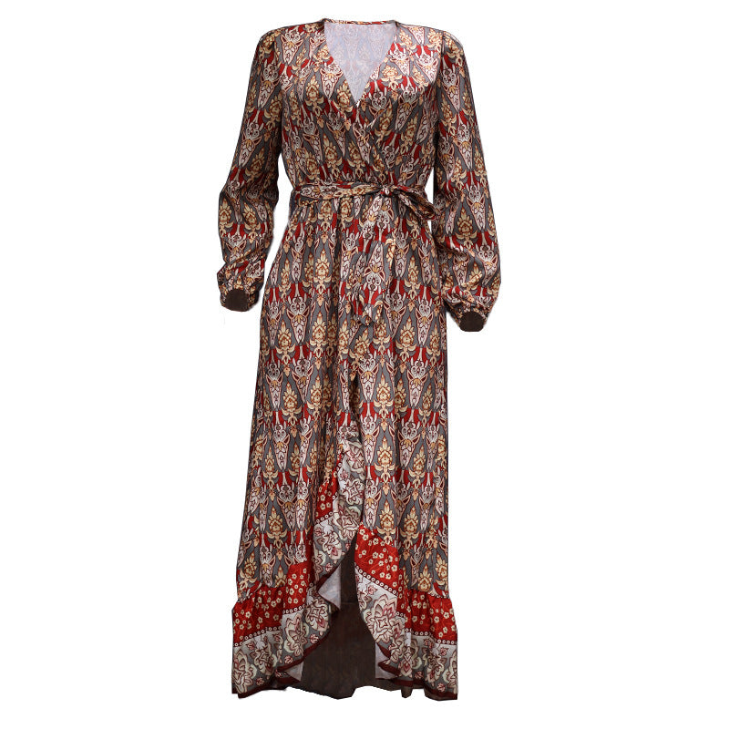 Wrap V-neck Long Sleeve Printed Dress