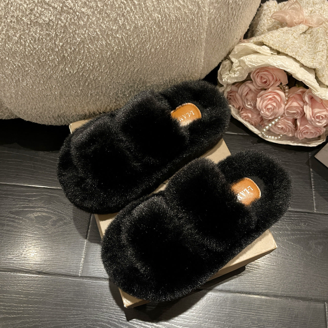 Platform Fuzzy Strappy Slippers