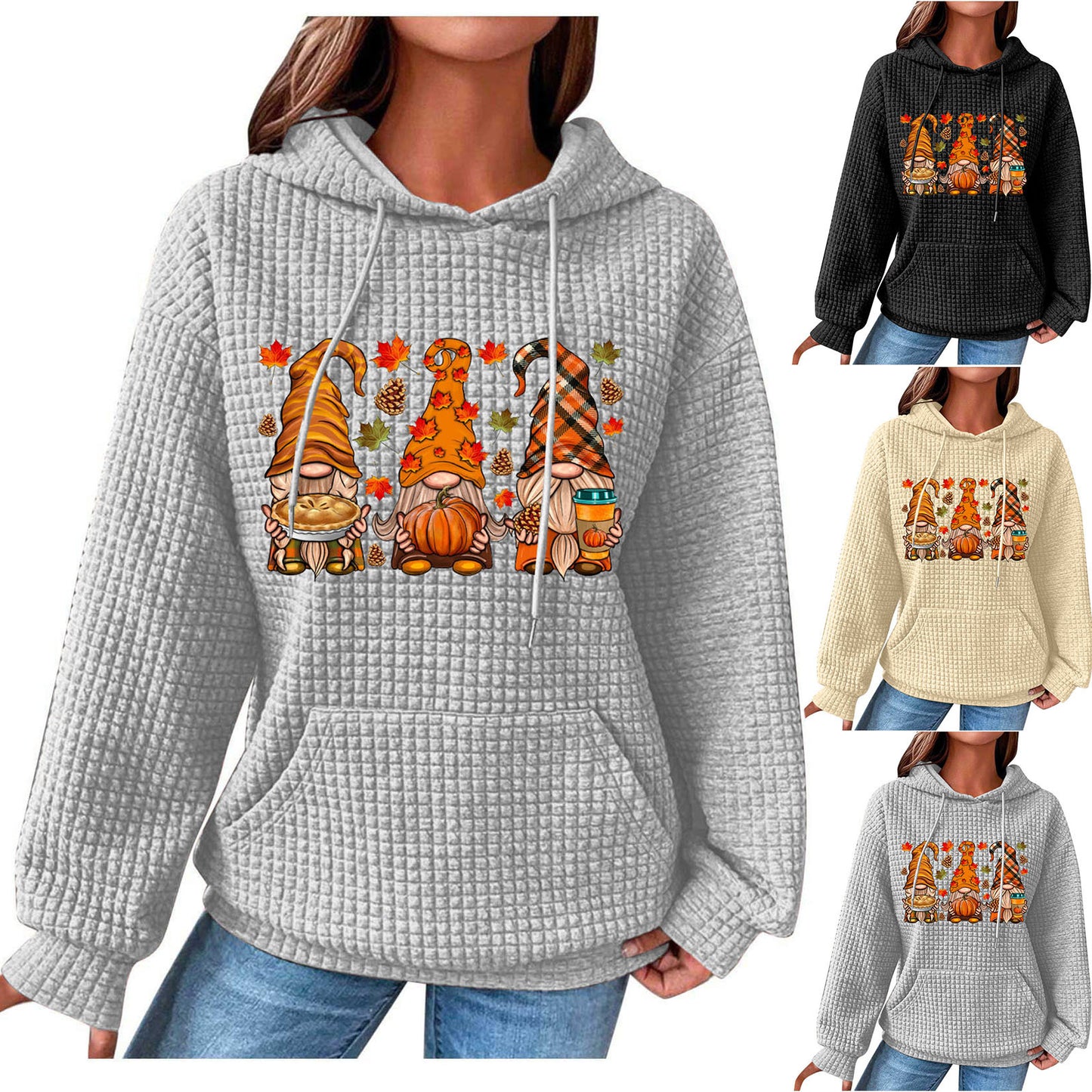 Fall Coffee/ Fall Gnome/ Fall Love/ Yes I'm Cold Waffle Knit Hoodie