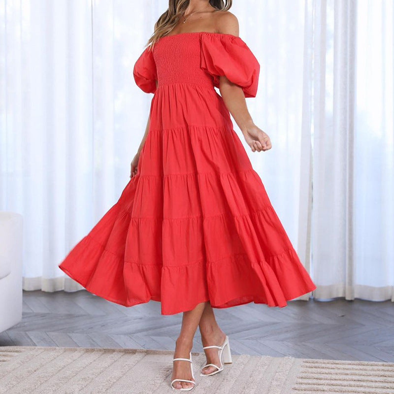 Ruched Ruffle Loose Off-Shoulder Puff Sleeve Dress