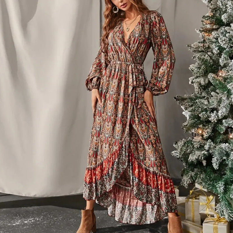 Wrap V-neck Long Sleeve Printed Dress