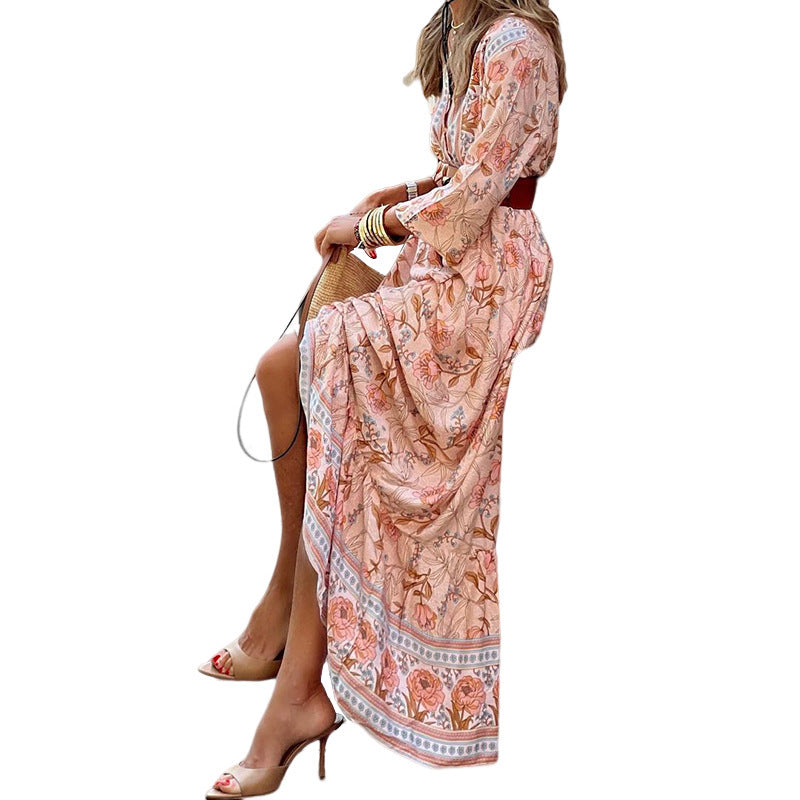 Blush Floral Print Lomg Sleeve V-Neck Dress