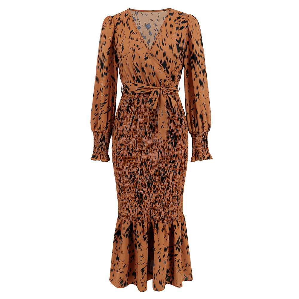 Animal Print Fitted V-Neck Belted Dress