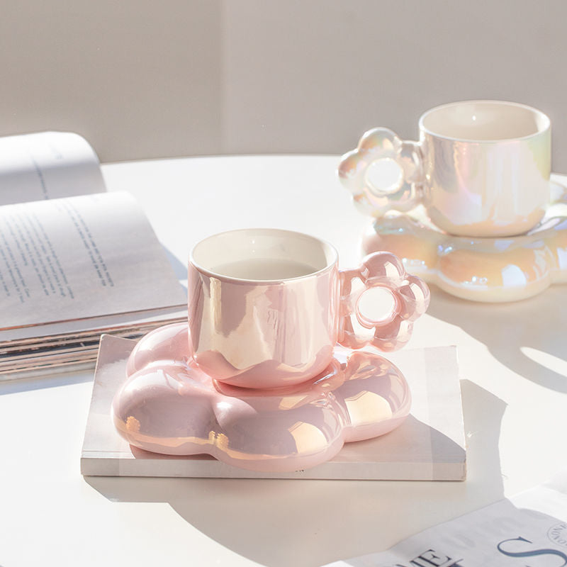 Pearlescent Ceramic Bubble Flower Coffee Cup And Saucer Set