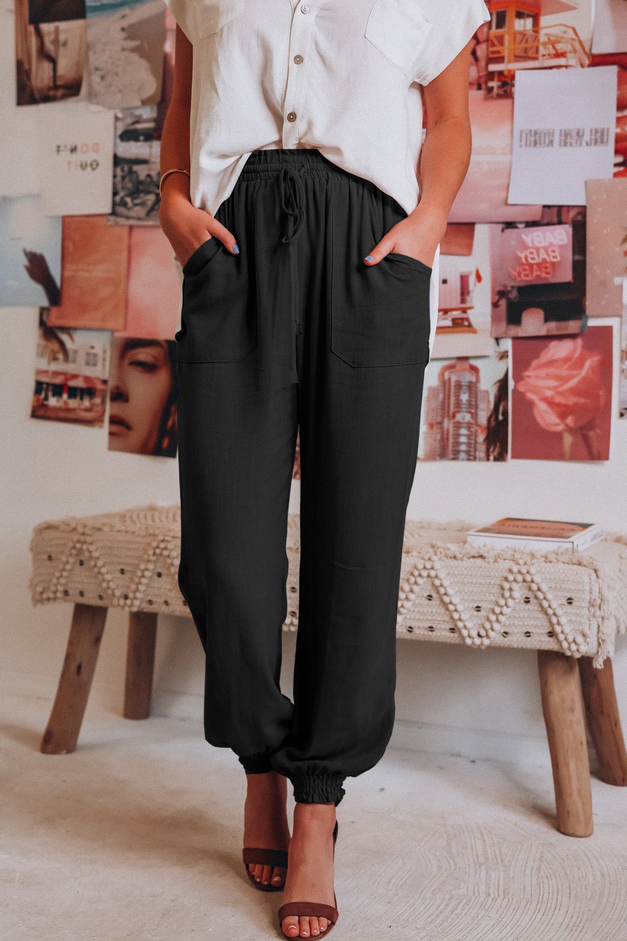 Mid-rose Linen Jogger Style Loose Fit Pants