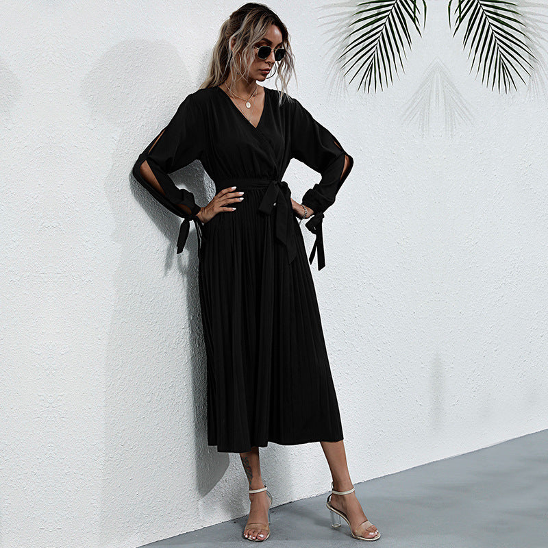 Long Sleeve Pleated Wrap Dress