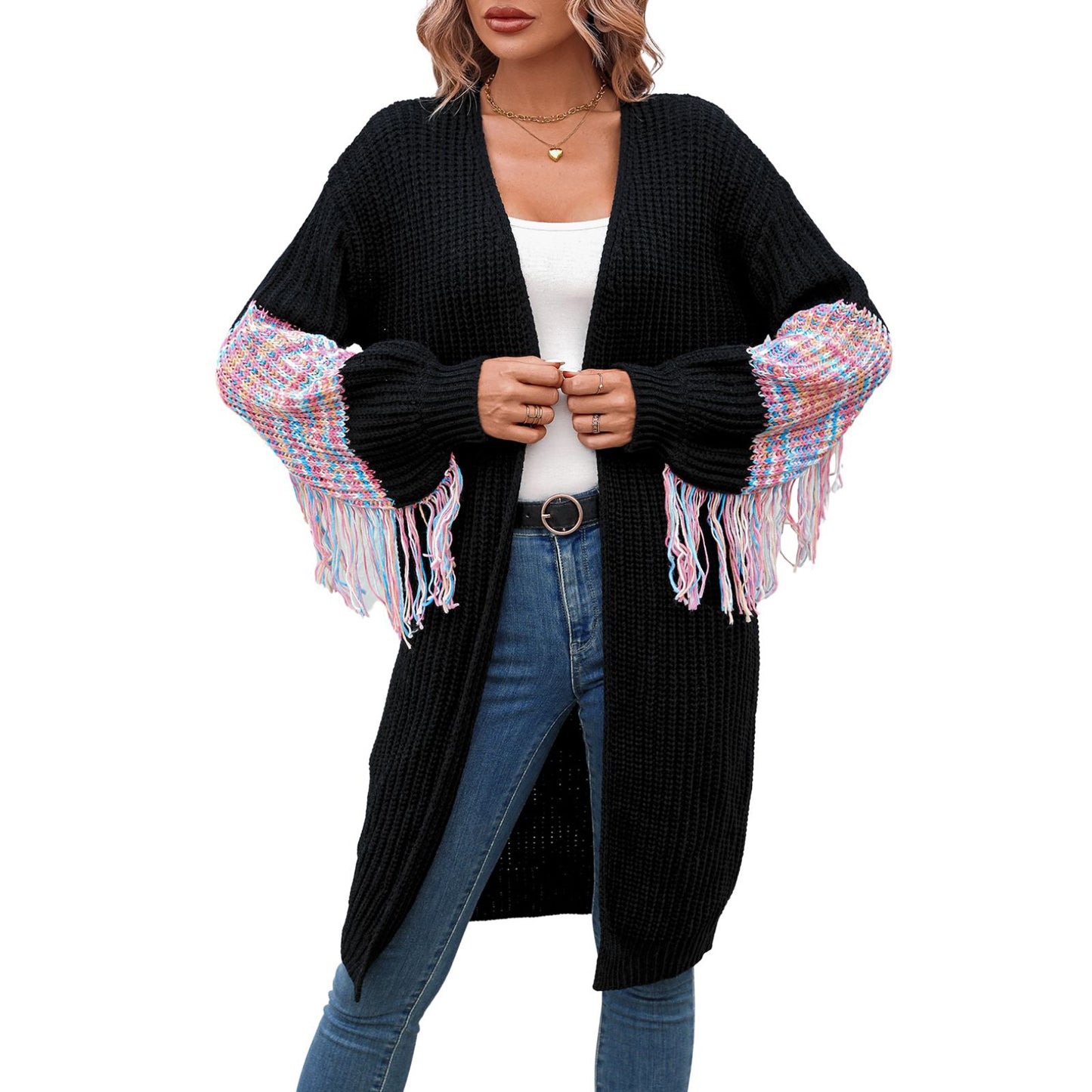 Multicolor Knit Tassel Cardigan Sweater
