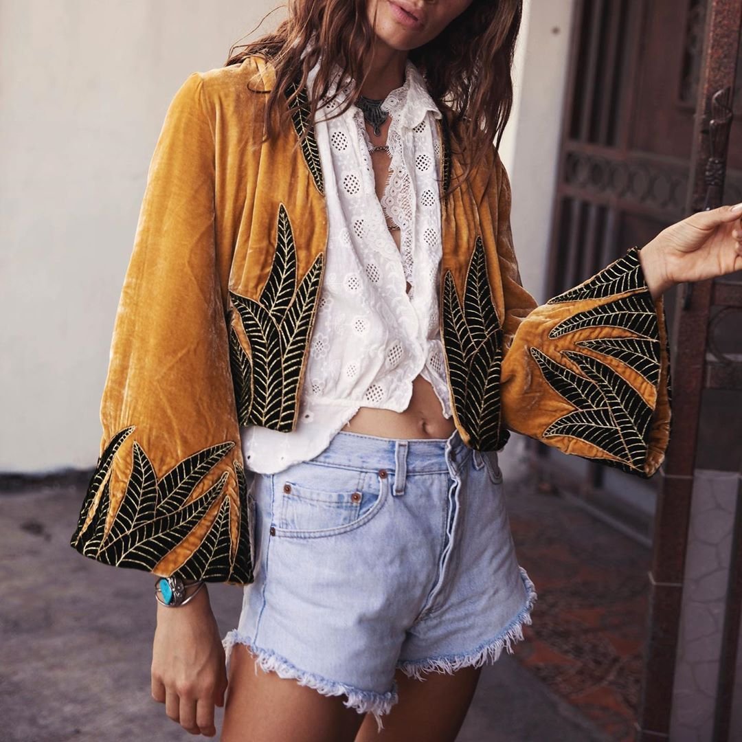 Velvet Leaf Bell Sleeve Crop Jacket