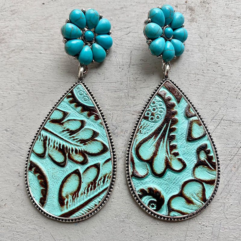 Turquoise Stone and Embossed Leather Teardrop Earrings