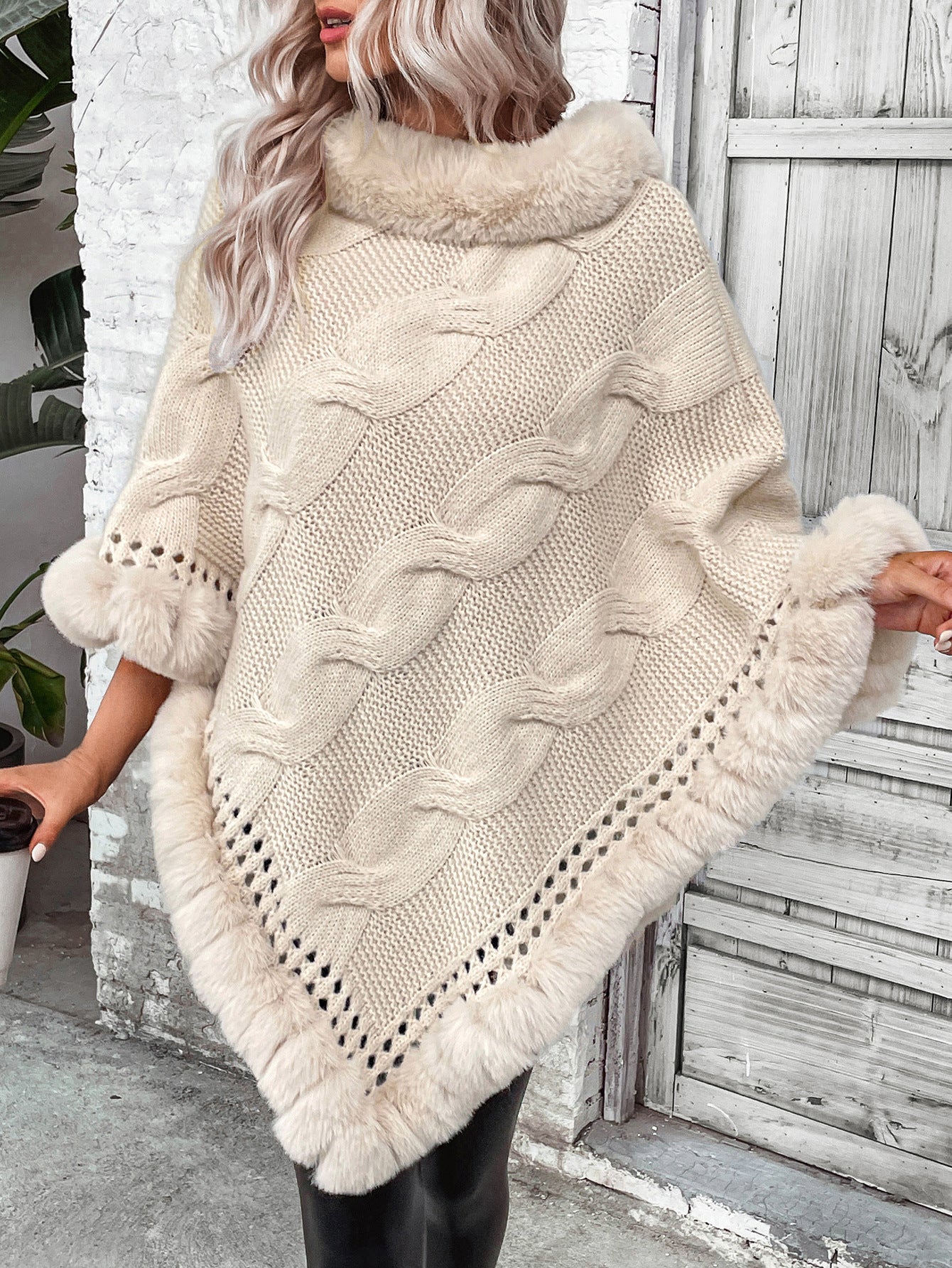 Fur Collar Knit Shawl