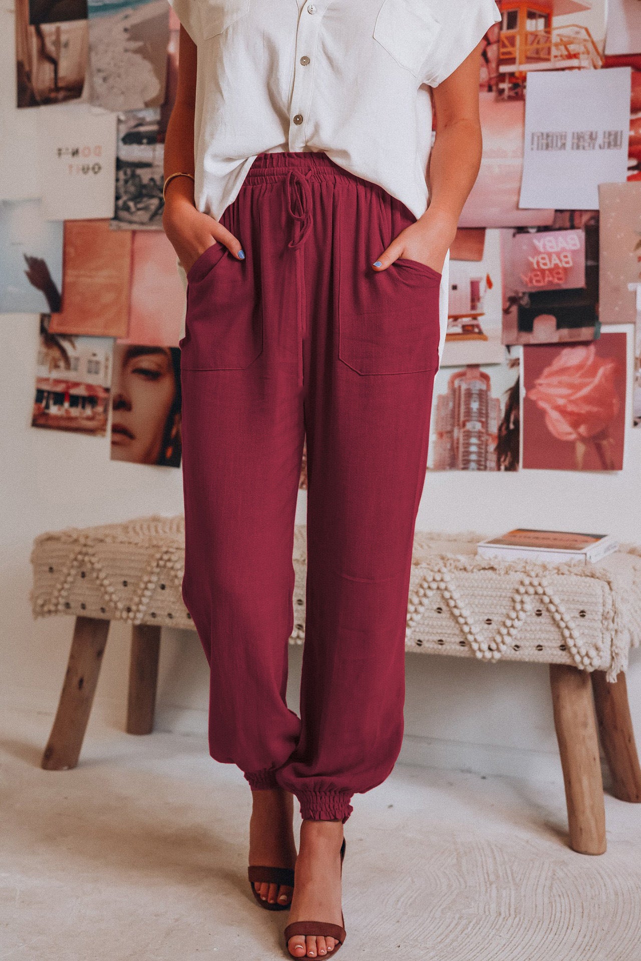 Mid-rose Linen Jogger Style Loose Fit Pants