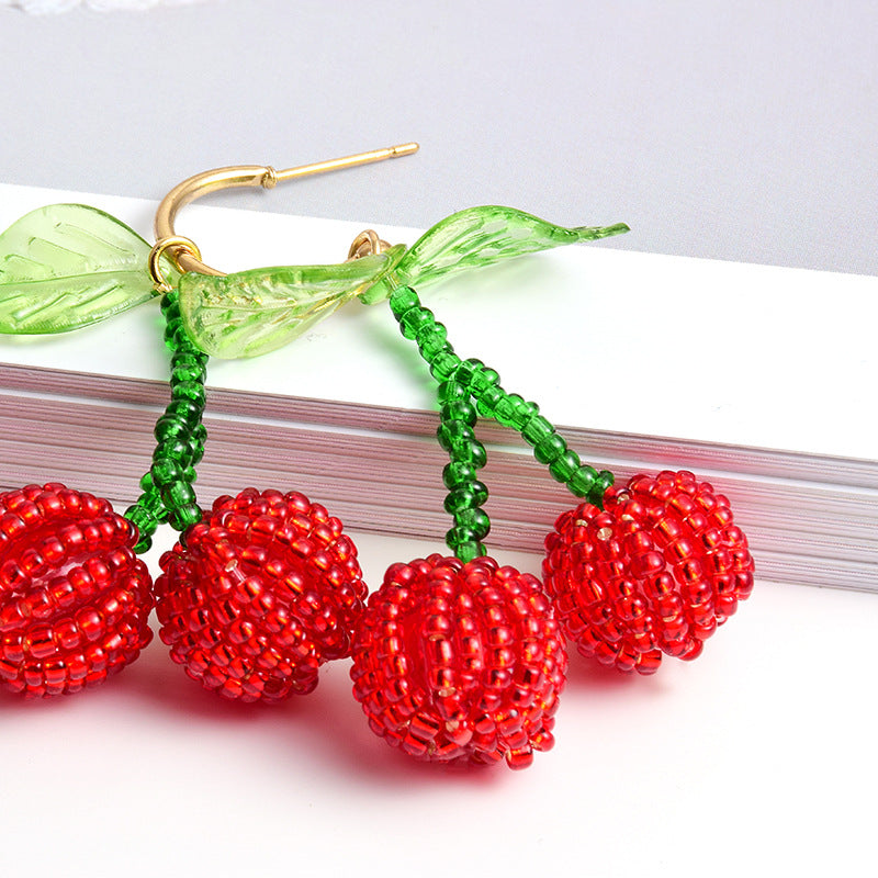 Cherry Beaded Tassel Dangle Earrings