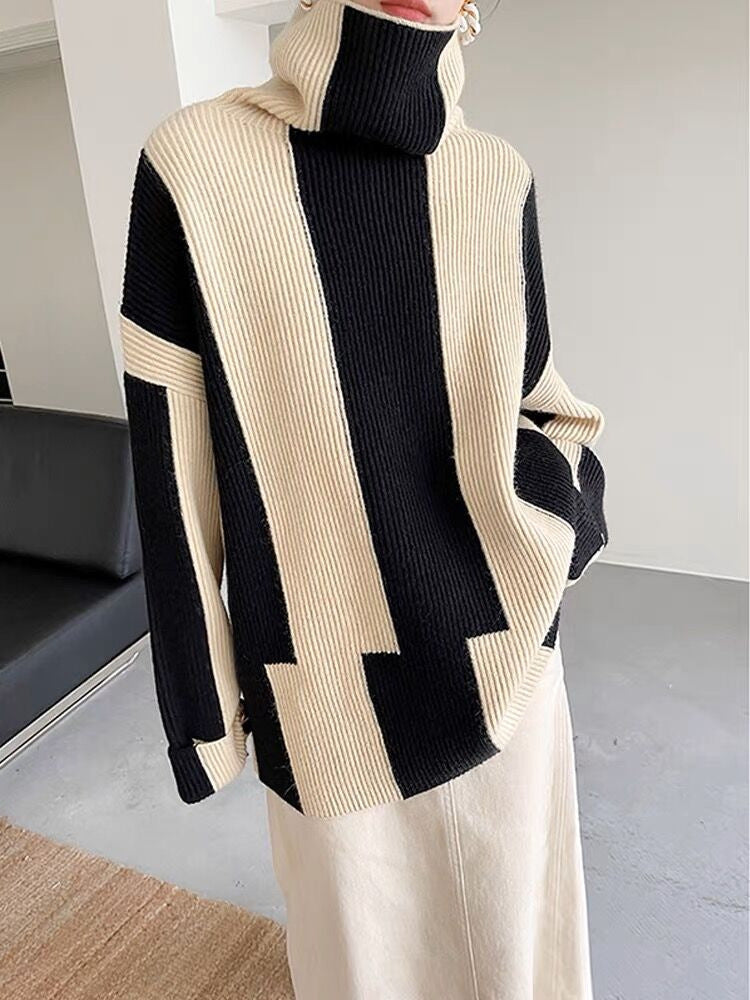 Black and Beige Striped High Collar Knit Sweater