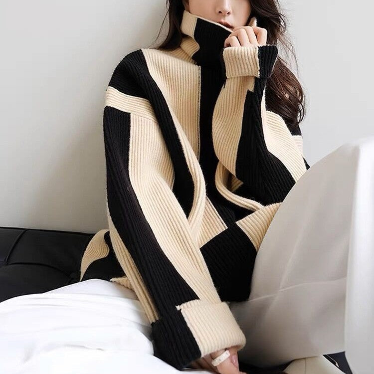 Black and Beige Striped High Collar Knit Sweater