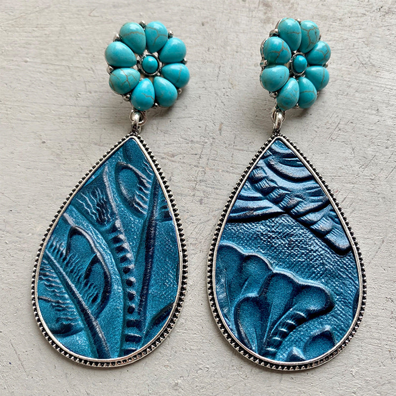 Turquoise Stone and Embossed Leather Teardrop Earrings