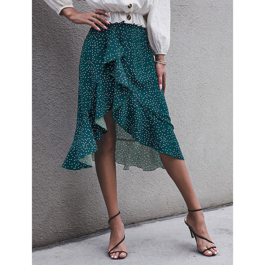 Asymmetrical Ruffle Polka Dot Tea Length Skirt