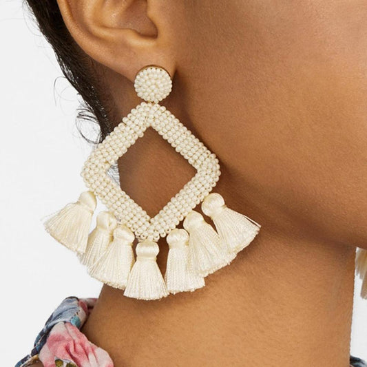 White Boho Tassel Dangle Earrings