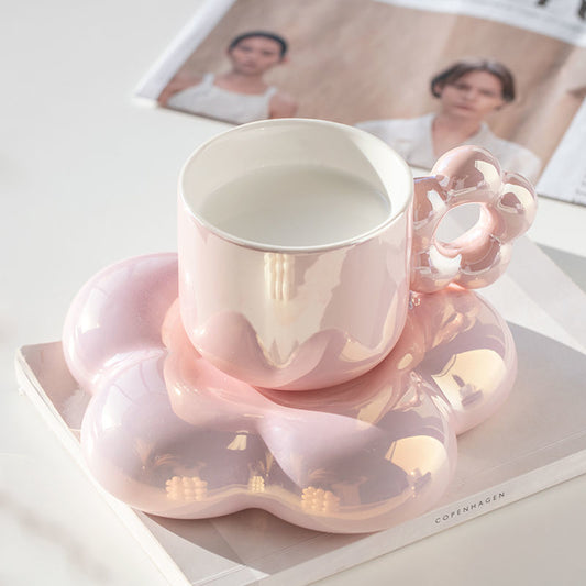 Pearlescent Ceramic Bubble Flower Coffee Cup And Saucer Set