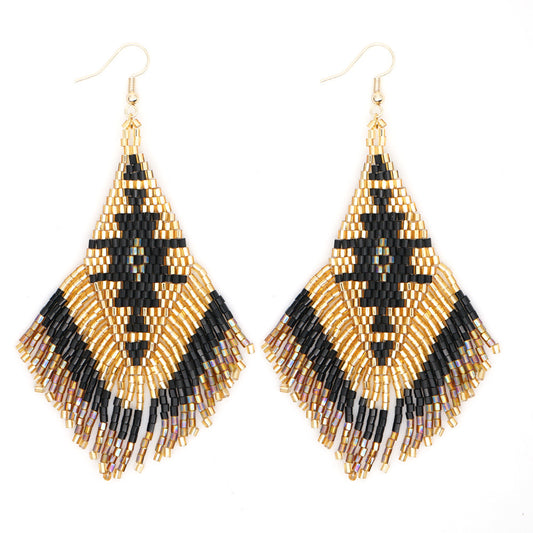 Black and Tan Aztec Western Beaded Tassel Drop Earrings