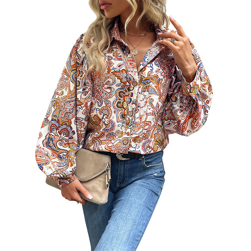 Paisley Printed Collared Button Down Top