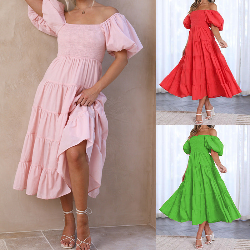Ruched Ruffle Loose Off-Shoulder Puff Sleeve Dress