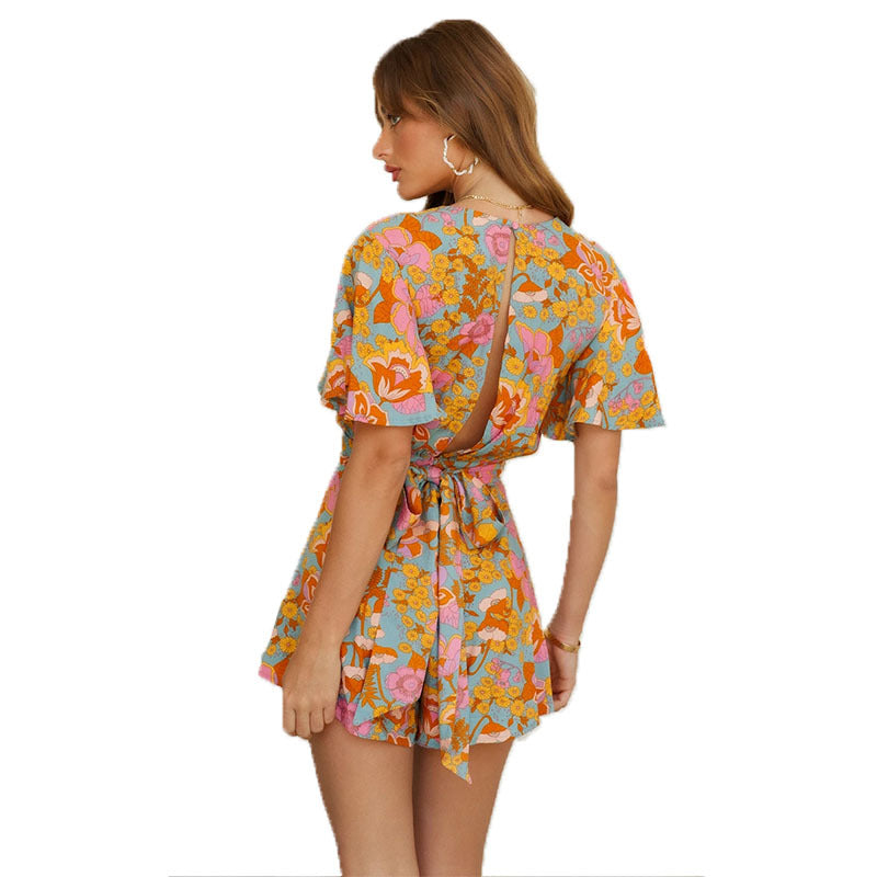 Multicolor Floral Wrap V-Neck Romper