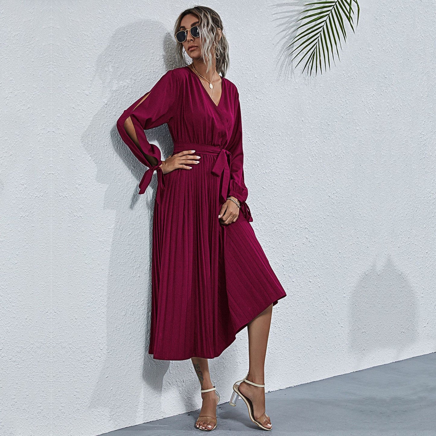 Long Sleeve Pleated Wrap Dress