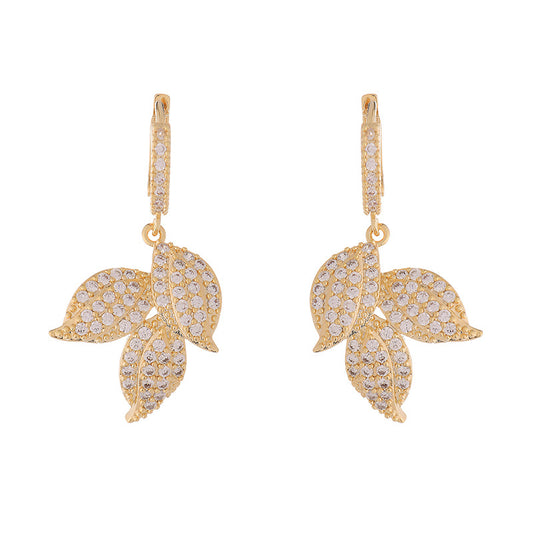 Gold Leaf Rhinestone Dangle Earrings