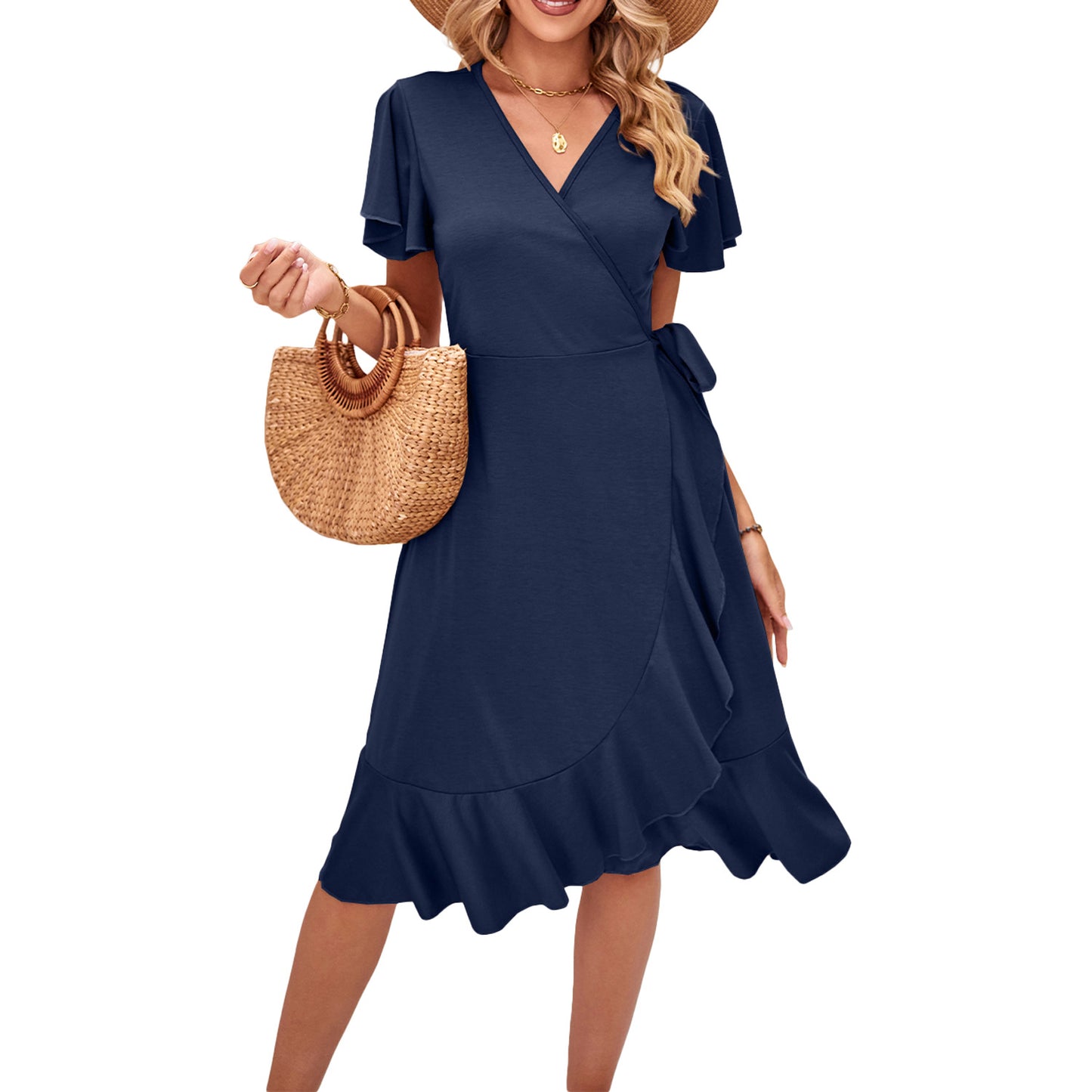 Flutter Sleeve Ruffle Hem Wrap Dress