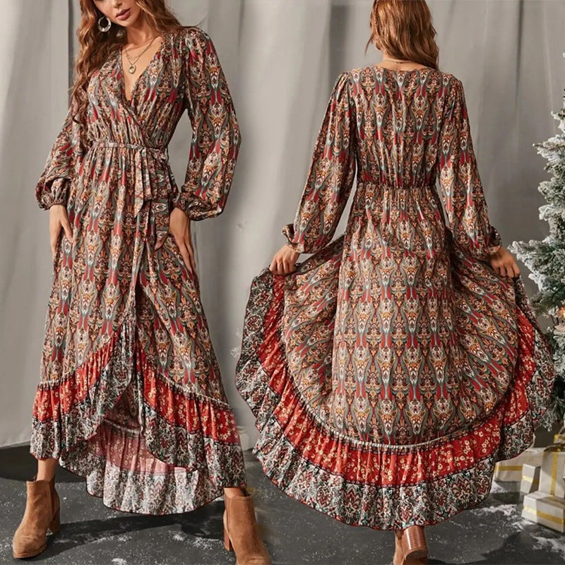 Wrap V-neck Long Sleeve Printed Dress